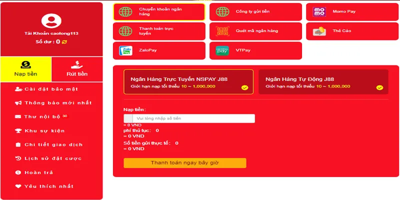 J88 có đa dạng phương thức nạp tiền cho bạn lựa chọn